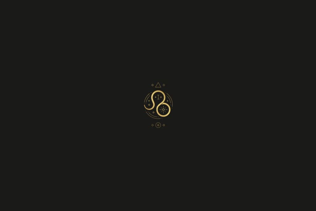 Ilustração do signo de leão na cor dourada, com estrelas, quadrados e triângulos ao redor, em um fundo preto