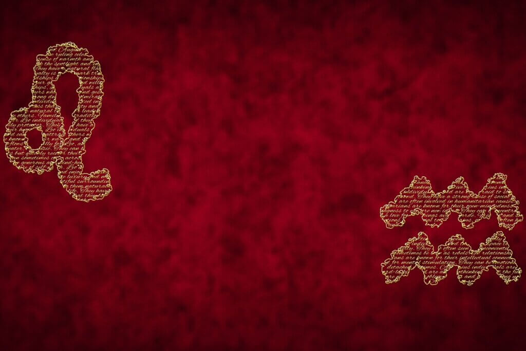 A imagem apresenta os símbolos dos signos de Leão e Aquário em destaque sobre um fundo vermelho texturizado.
