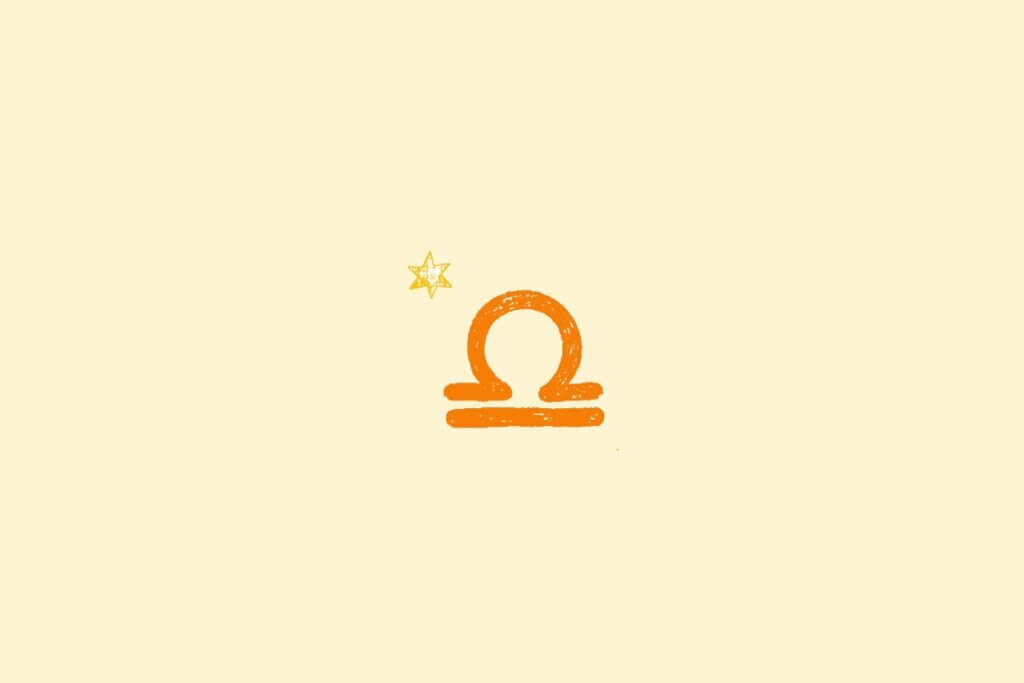 Ilustração do signo de libra na cor laranja, centralizado em um fundo amarelo, e rodeado por estrelas