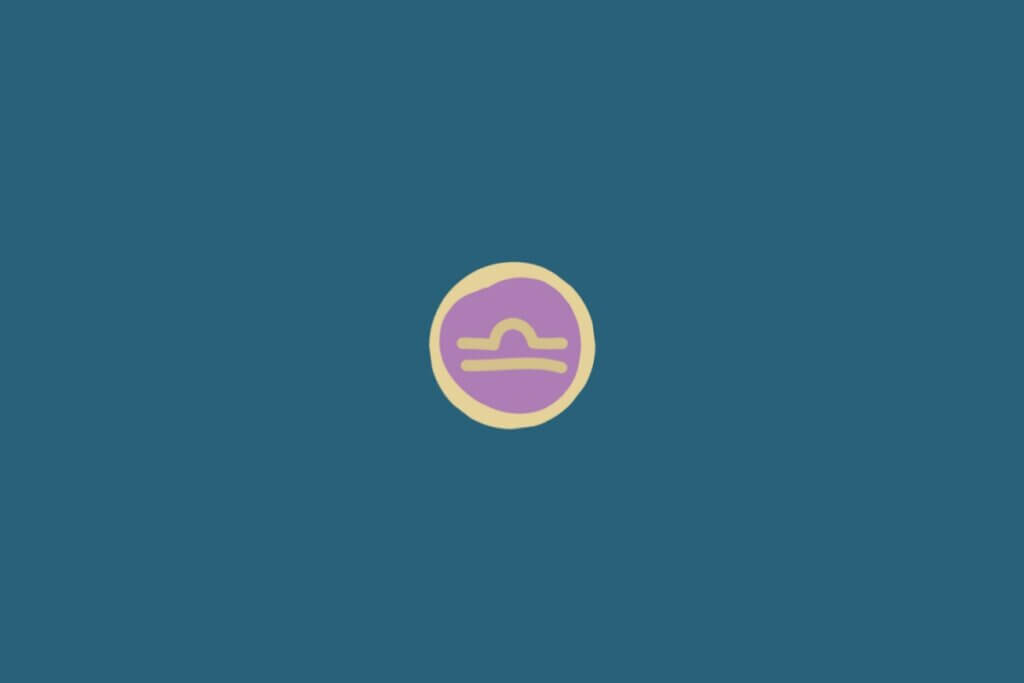 Ilustração do signo de Libra, na cor amarela, em um círculo rosa com borda amarela, sobre um fundo verde