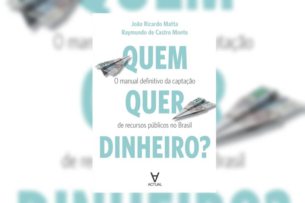 Capa de livro branca com título escrito em verde água e cinza com ilustrações de aviões de papel feitos de dinheiro