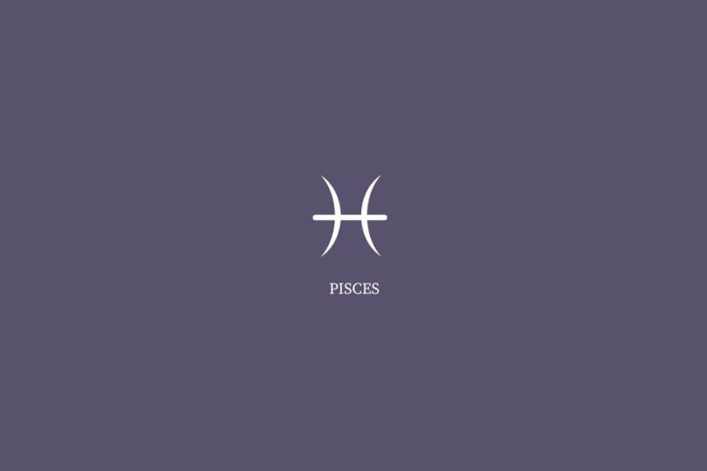 Ilustração do signo de peixes, na cor branca e com o nome embaixo, centralizado em um fundo roxo