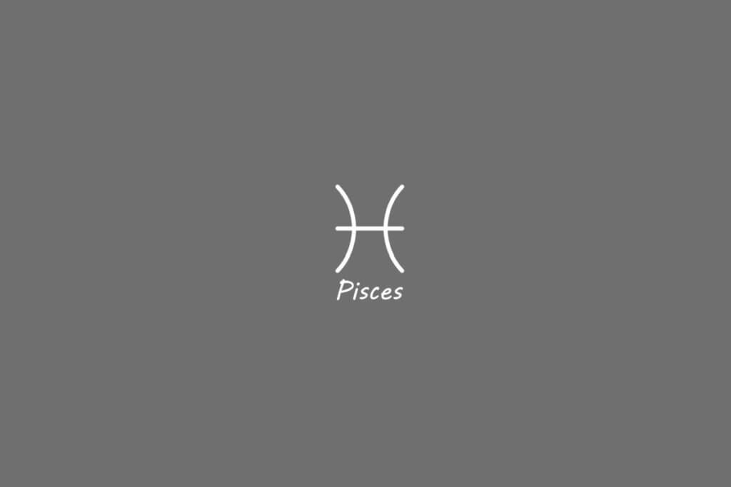 Símbolo do signo de peixes, na cor banca, centralizado em um fundo cinza e com o nome embaixo