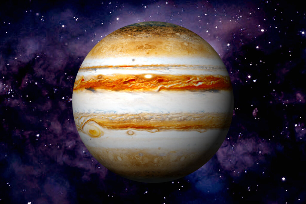 Ilustração de Júpiter no espaço rodeado por estrelas