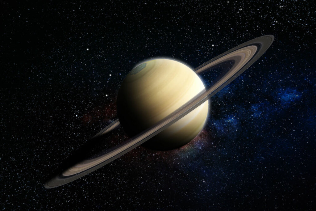 Ilustração do planeta Saturno em espaço azul e estrelado