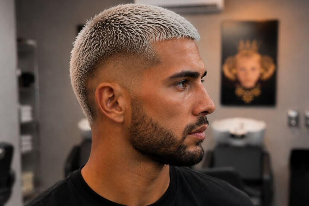 Homem com corte militar e cabelo platinado, rosto sério e olhando para o lado