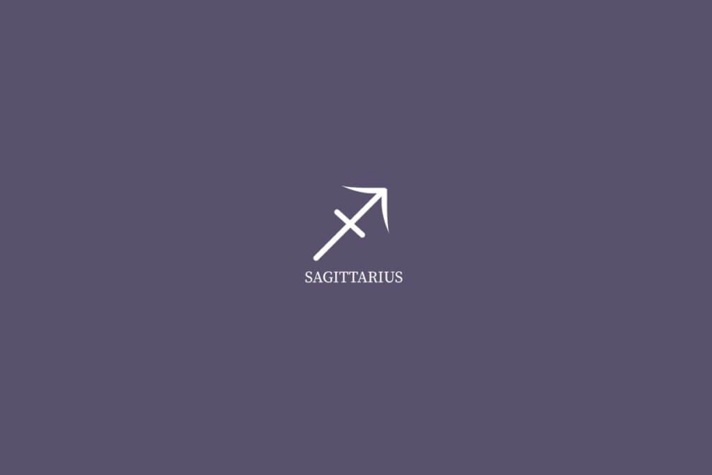 Ilustração do signo de sagitário, na cor branca e com o nome embaixo, centralizado em um fundo roxo