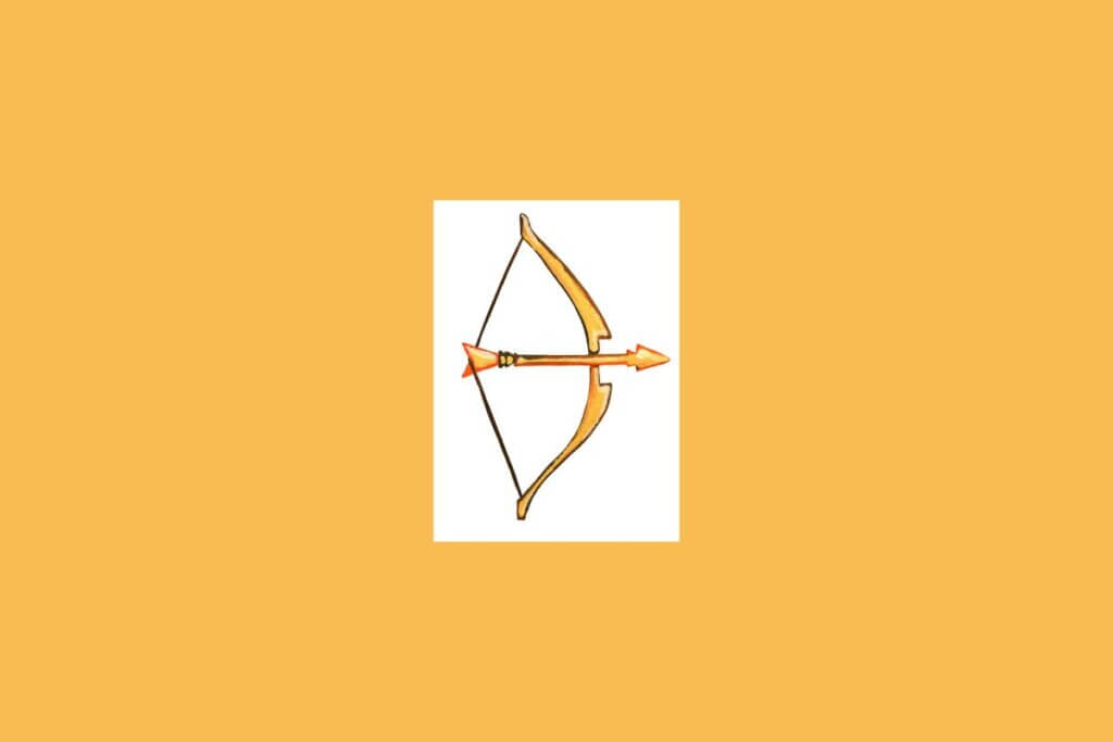 Uma ilustração simples de um arqueiro ou flecha, representando o signo de Sagitário, sobre um fundo claro cercado por um tom alaranjado