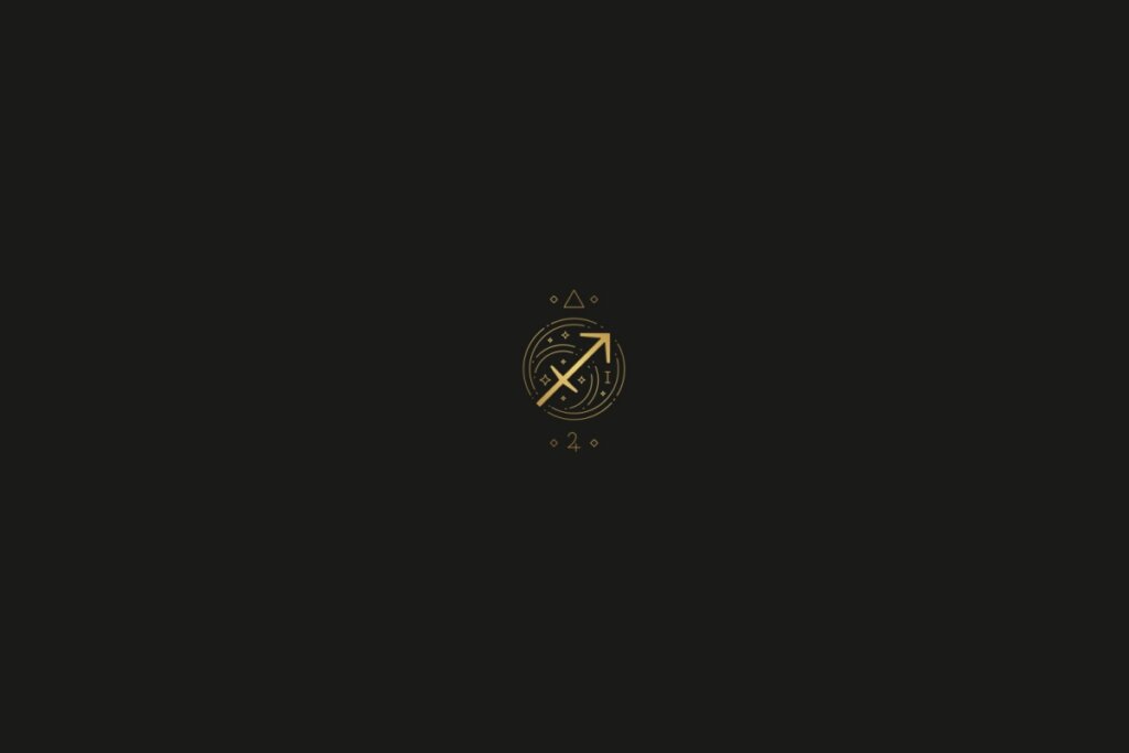 Ilustração do signo de sagitário na cor dourada, com estrelas, quadrados e triângulos ao redor, em um fundo preto