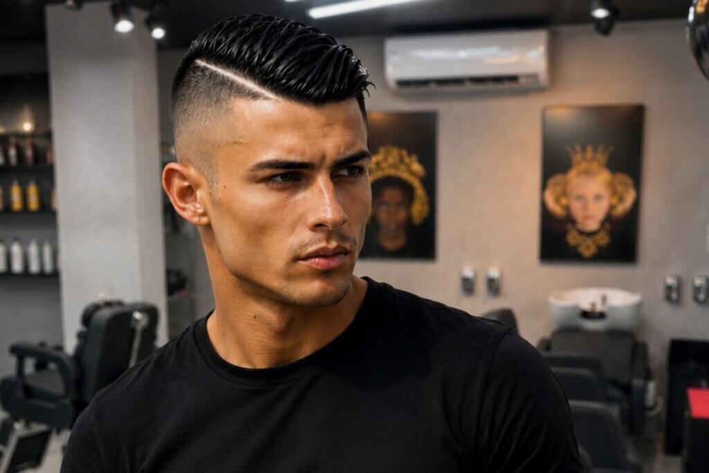Homem com corte side part, rosto sério e olhando para o lado