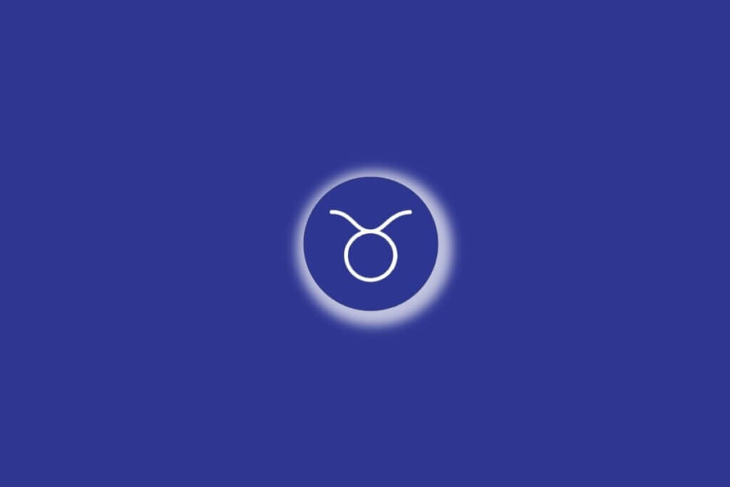 Ilustração do signo de touro em um círculo azul, com luz branca ao redor, sobre um fundo azul