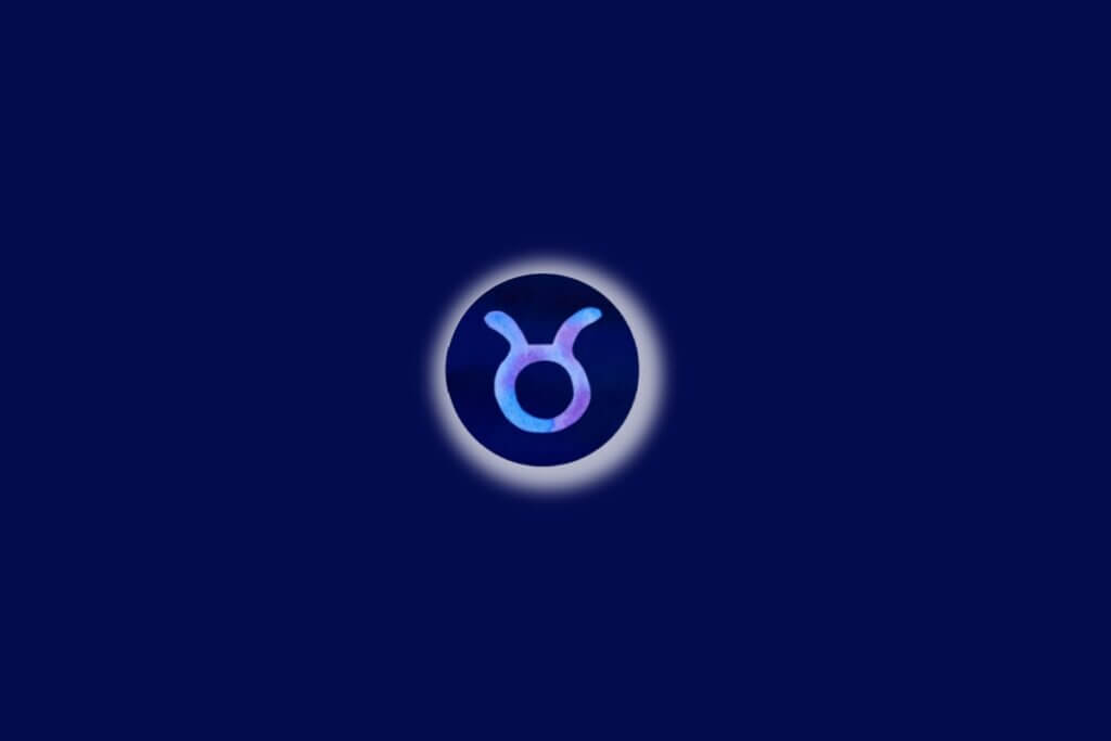 Símbolo do signo de touro, com tons de azul-claro e lilás, envolvido por um brilho branco e em destaque sobre fundo azul-escuro