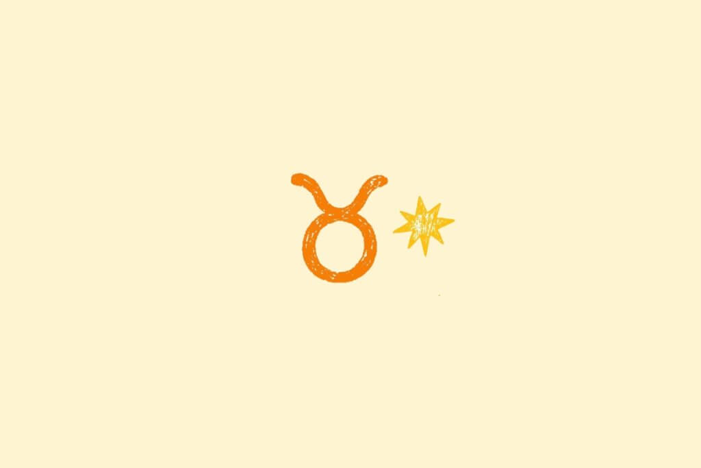 Ilustração do signo de touro na cor laranja, centralizado em um fundo amarelo, e rodeado por estrelas