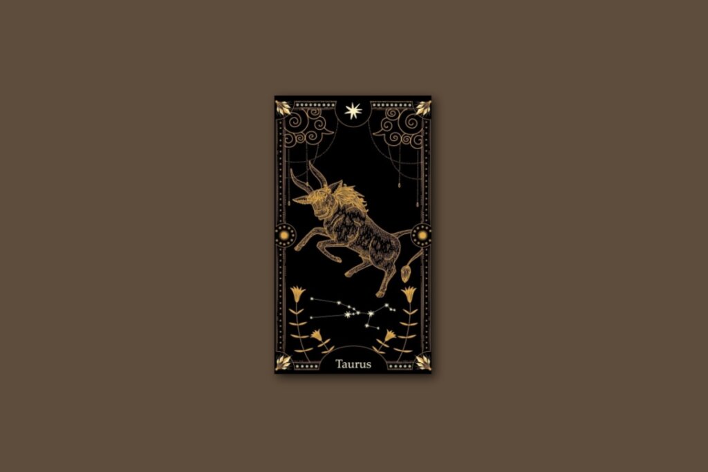 Ilustração de uma carta preta, com o desenho do signo e da constelação de áries, com borda dourada e estrelas