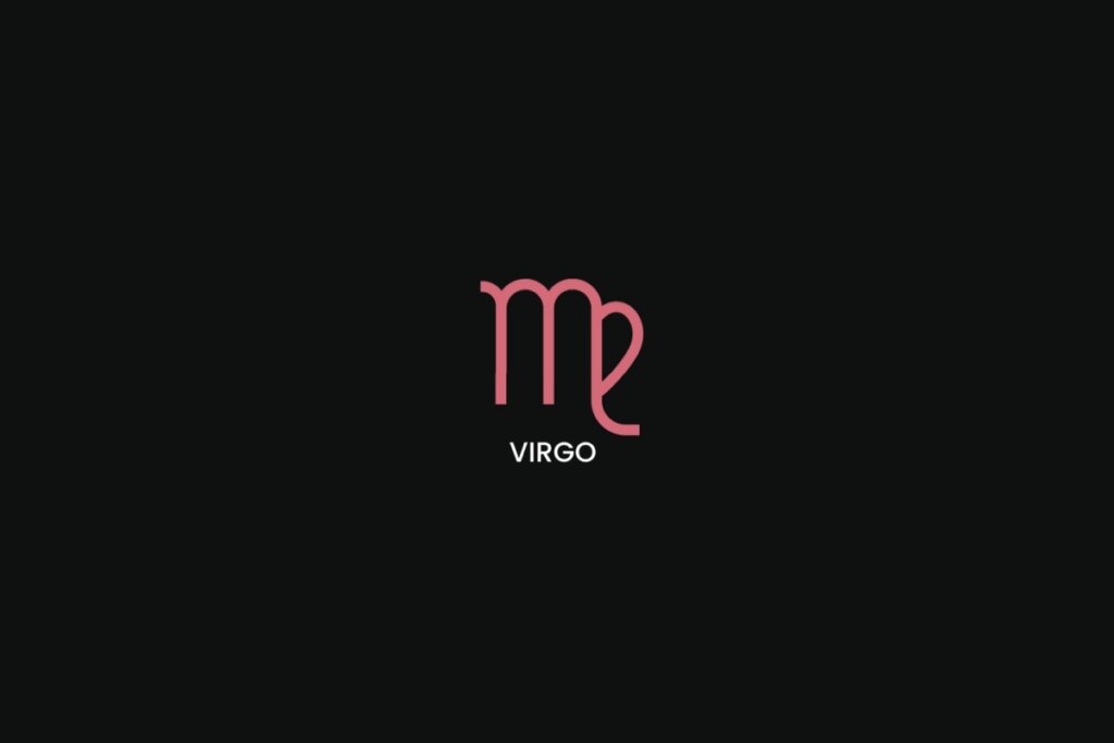 Símbolo do signo de virgem na cor verde, com o nome do signo embaixo, centralizado em um fundo preto