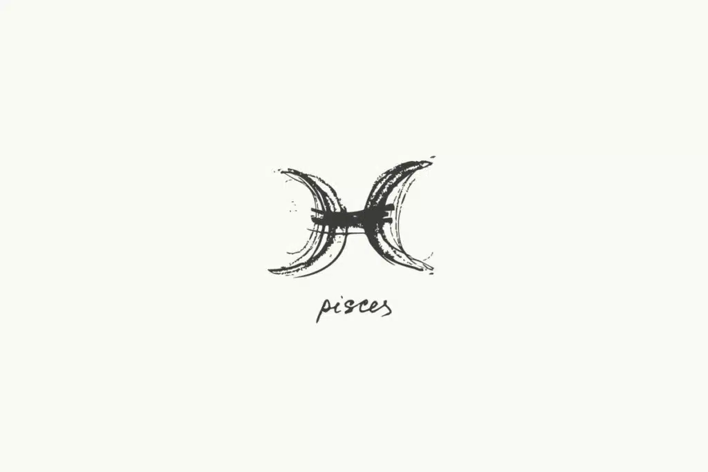 Ilustração do signo de Peixes, contendo dois semicírculos voltados para fora conectados por uma linha central espessa, em fundo claro