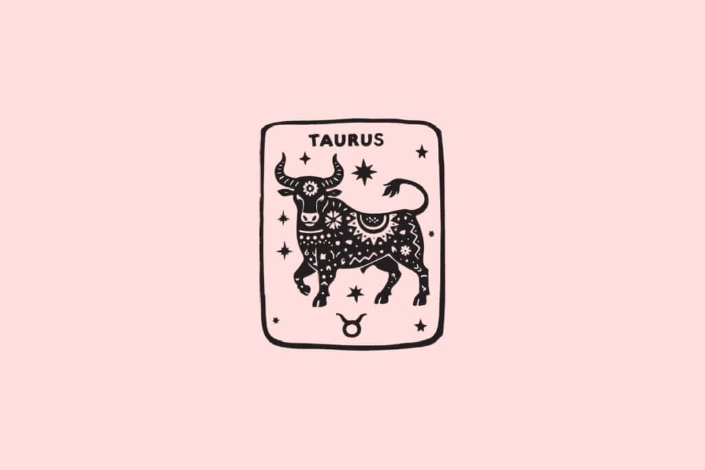 Ilustração do signo de Touro, contendo um touro ornamentado com detalhes florais e estrelas, em fundo rosa-claro