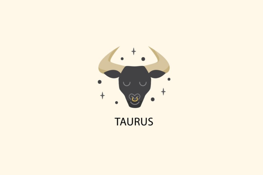 Ilustração do signo de Touro, em fundo bege-claro, contendo a cabeça de um touro preto com chifres na cor bege
