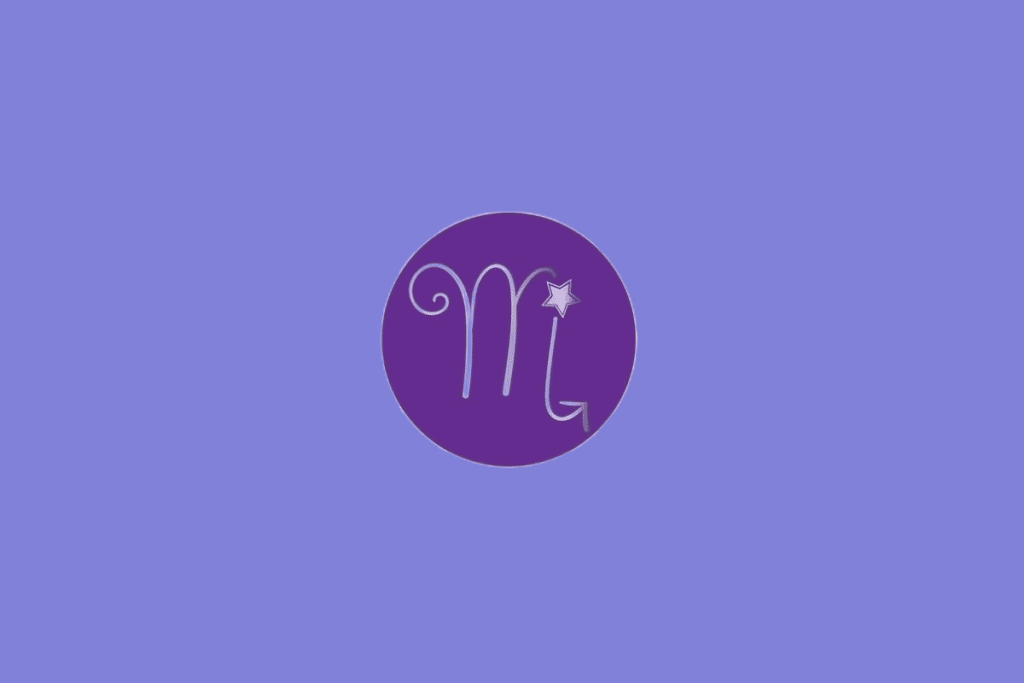 Ilustração do signo de Escorpião, contendo símbolo semelhante a letra M com cauda em seta e estrela ao lado, em fundo roxo