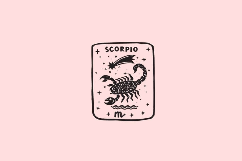 Ilustração do signo de Escorpião, contendo um escorpião ornamentado com estrela cadente e estrelas ao redor, em fundo rosa-claro