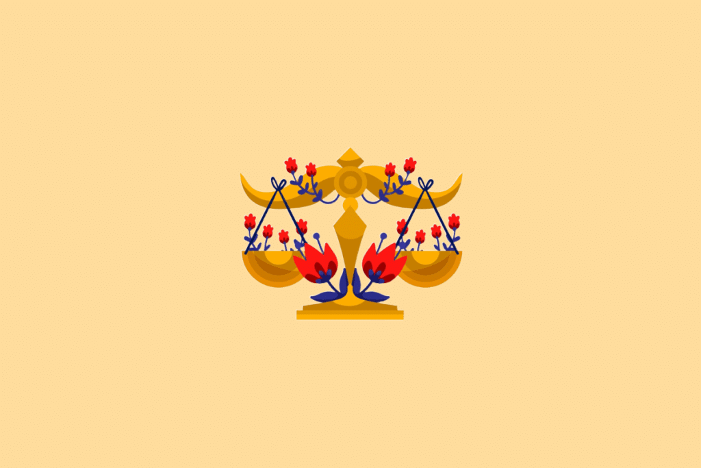 Ilustração estilizada do signo de Libra. No centro, uma balança dourada simétrica, cujos pratos estão decorados e preenchidos com ramos de pequenas flores vermelhas e folhas azuis. O fundo é de cor amarela clara uniforme.