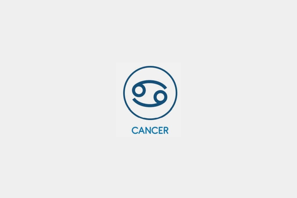 Círculo azul com o símbolo do signo de Câncer ao centro e o nome do signo abaixo, sobre um fundo cinza-claro