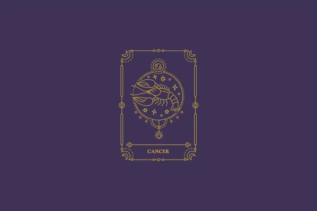Ilustração do signo de câncer em dourado com detalhes na mesma cor ao redor. Fundo roxo-escuro