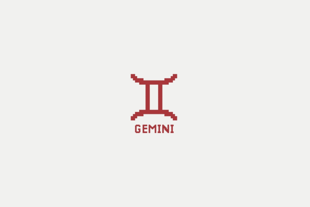 Ilustração do signo de gêmeos em vermelho e com o nome abaixo, centralizado em um fundo cinza-claro