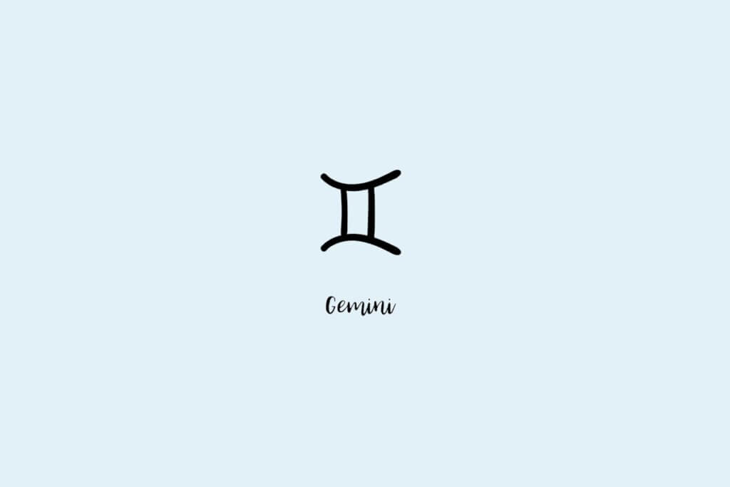 Ilustração do símbolo do signo de gêmeos, com o nome embaixo, em um fundo azul-claro