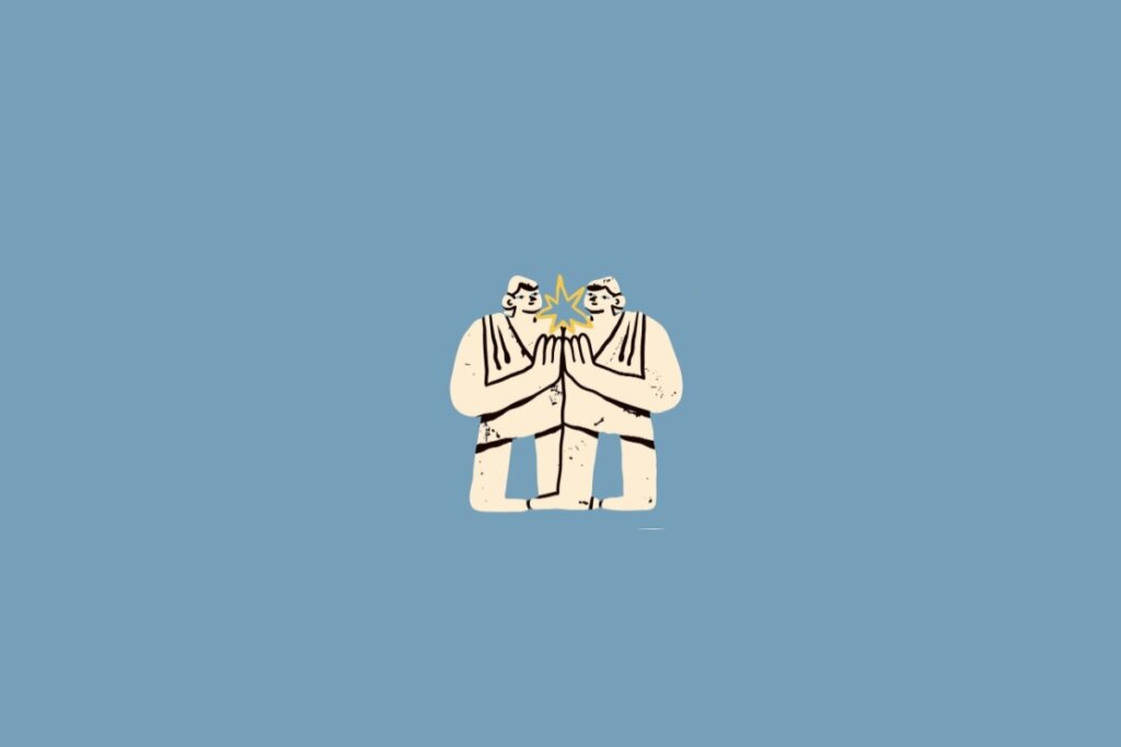 Ilustração de duas pessoas de mãos dadas em amarelo-claro sobre um fundo azul-claro