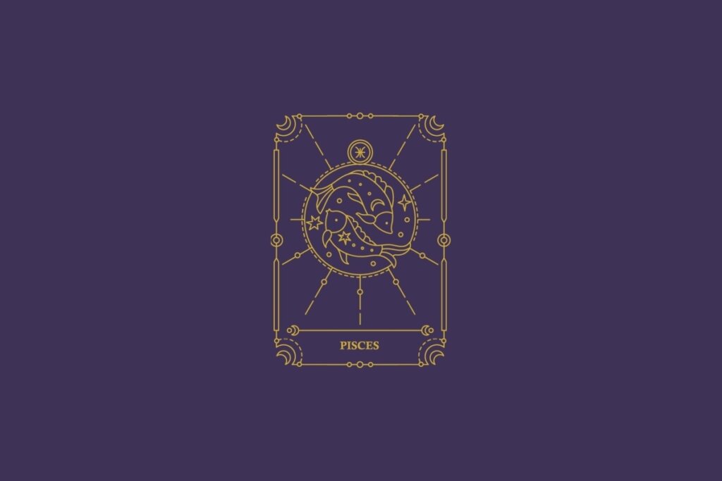 Ilustração do signo de peixes em dourado com detalhes na mesma cor ao redor. Fundo roxo-escuro