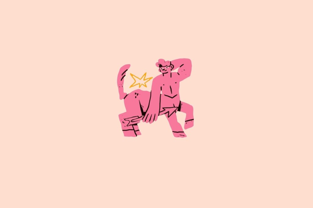 Ilustração de um centauro rosa em um fundo bege-claro