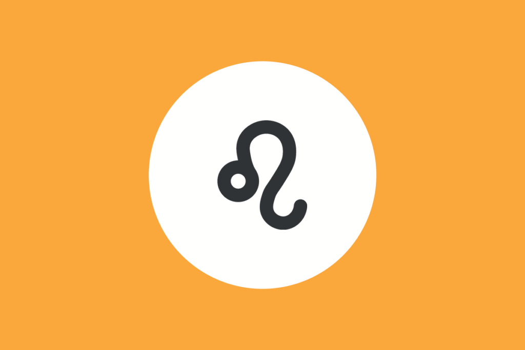 Ilustração do signo de Leão, em fundo alaranjado, contendo, ao centro, um círculo branco com o símbolo do signo em cinza-escuro: um círculo pequeno do qual parte uma curva alongada em forma de laço, semelhante à juba e à cauda de um leão
