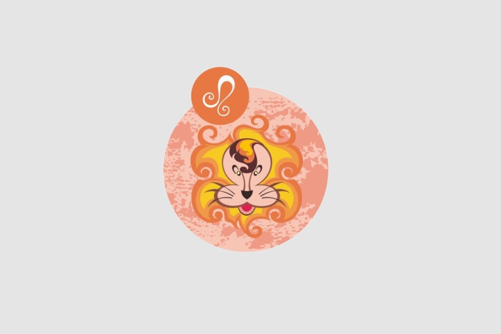 Ilustração do signo de Leão, com um leão amarelo, dentro de um círculo rosado. O fundo da imagem é composto pela cor cinza