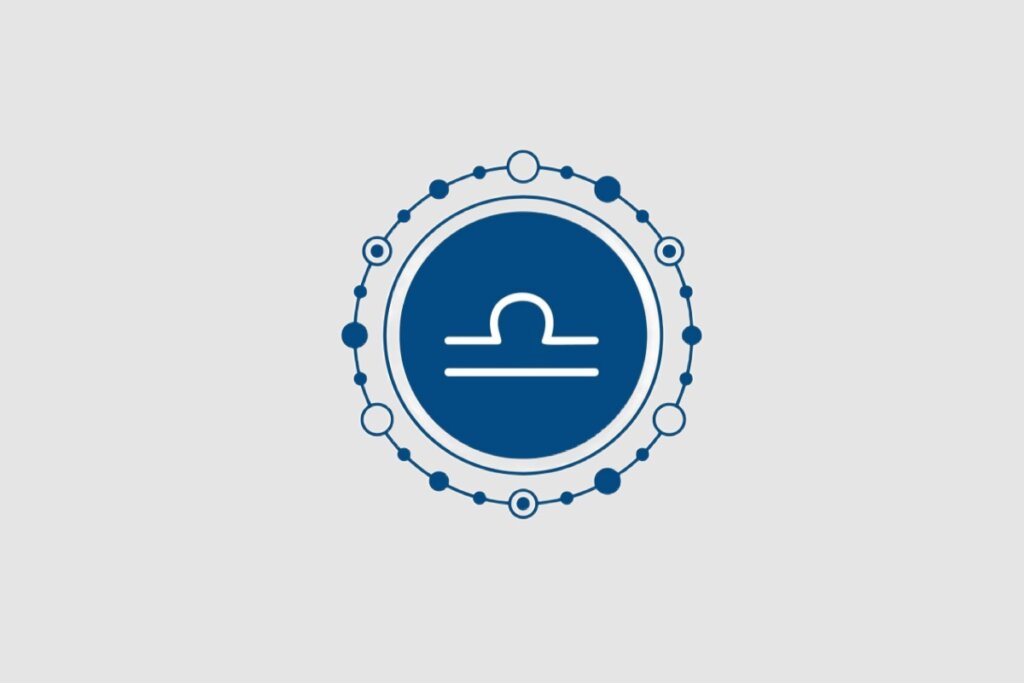 Ilustração do signo de Libra, com símbolo branco representando uma balança estilizada, posicionado sobre um fundo azul-escuro com ornamentos circulares simétricos