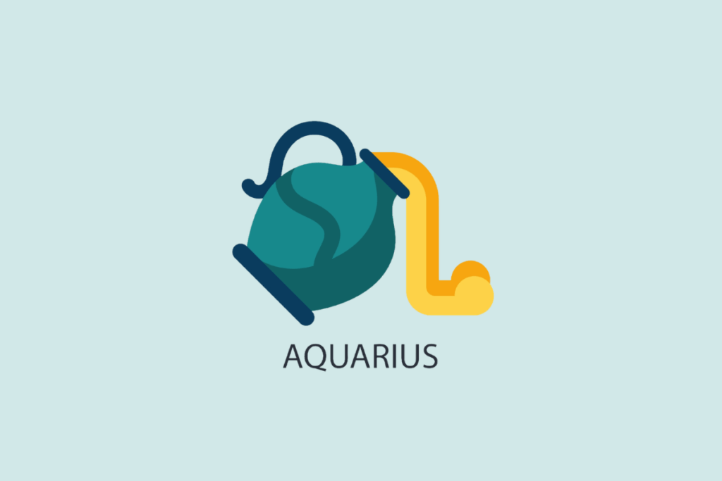 Ilustração vetorial em estilo plano de um jarro de água inclinado despejando um líquido amarelo, sobre um fundo azul-claro com a palavra "AQUARIUS" escrita abaixo.
