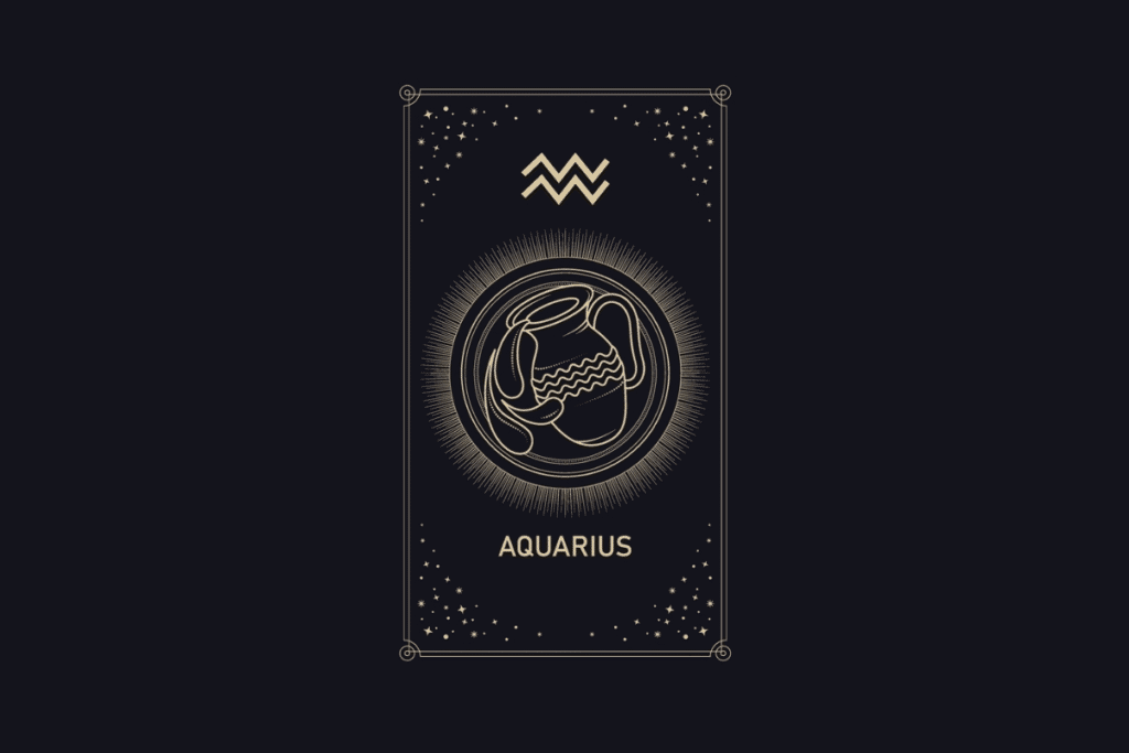 Ilustração em linhas douradas em fundo escuro com a palavra "Aquarius". No centro, um vaso derramando água dentro de um círculo iluminado, com o símbolo de Aquário no topo e estrelas ao redor.