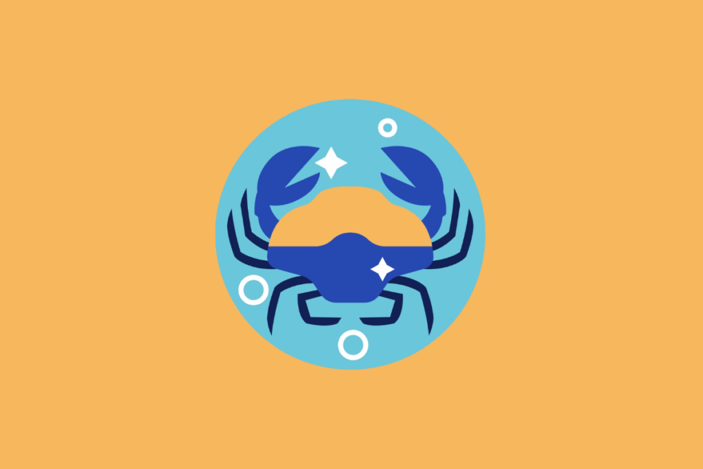 Ilustração vetorial em círculo azul representando o signo de Câncer. Mostra um caranguejo visto de cima com garras levantadas, em tons de azul e laranja. A imagem está centrada em um fundo laranja