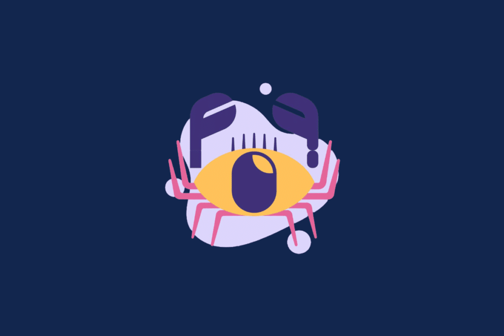 Ilustração do signo de Câncer sobre fundo azul-escuro. Ao centro, um grande olho amarelo com pupila roxa representa o corpo de um caranguejo, com garras roxas no topo e patas rosa nas laterais. A figura fica sobreposta a uma forma abstrata em tom lilás.