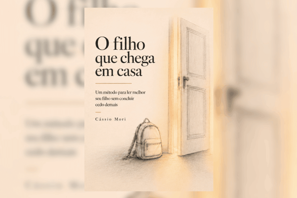 Capa do livro "O filho que chega em casa: Um método para ler melhor seu filho sem concluir cedo demais", de Cássio Mori. A ilustração em tons beges e estilo lápis de cor mostra uma mochila encostada no chão ao lado de uma porta aberta que emite uma luz acolhedora.