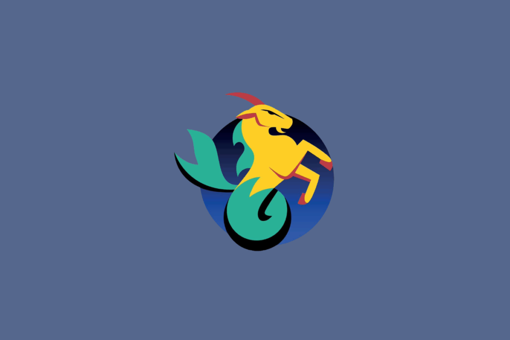 Ilustração do signo de Capricórnio, retratando uma criatura mítica amarela com chifre vermelho e cauda de peixe verde curvada, sobre um fundo circular escuro.