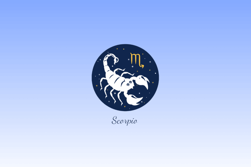 Ilustração do signo de Escorpião com um escorpião branco dentro de um círculo azul-escuro estrelado, acompanhado pelo símbolo em amarelo e o nome "Scorpio" escrito abaixo.