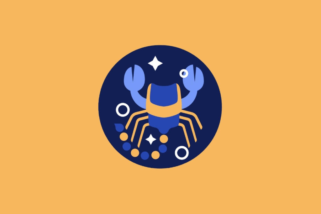 Ilustração vetorial em círculo azul-escuro representando o signo de Escorpião. Mostra um escorpião visto de cima com garras abertas e cauda curvada formada por pequenas esferas. A imagem está centrada em um fundo laranja