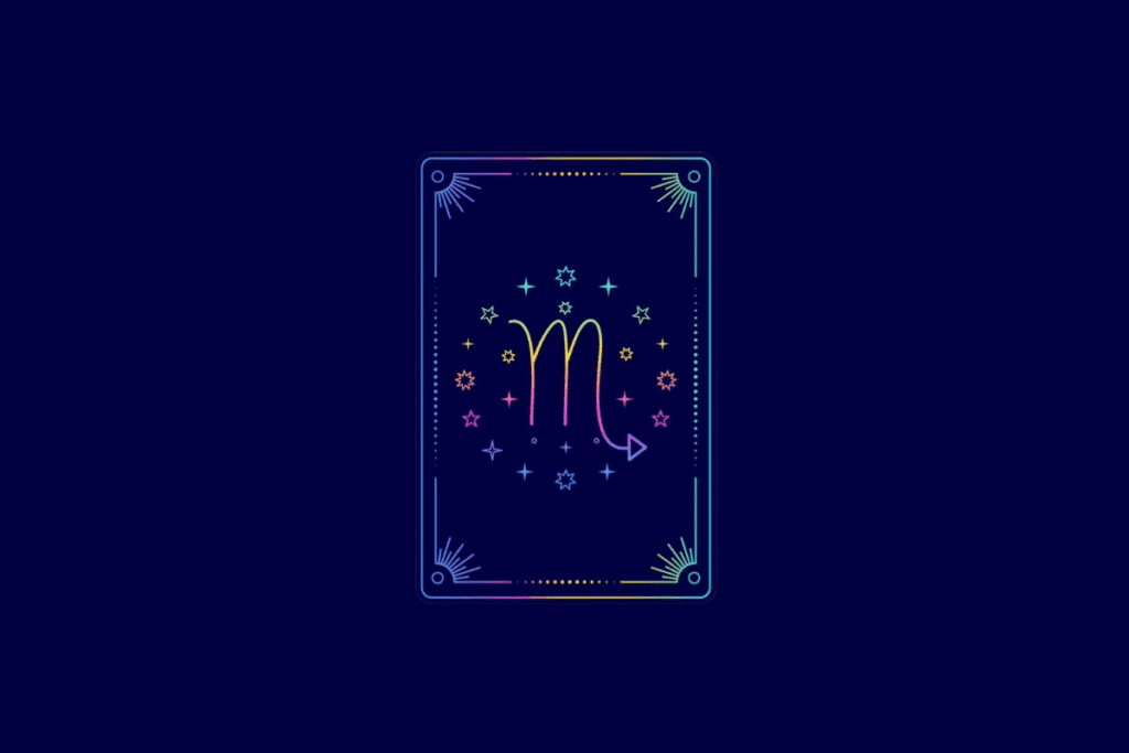 Ilustração no estilo carta de tarot com fundo azul-escuro e moldura retangular em gradiente colorido. No centro, o símbolo do signo de Escorpião.
