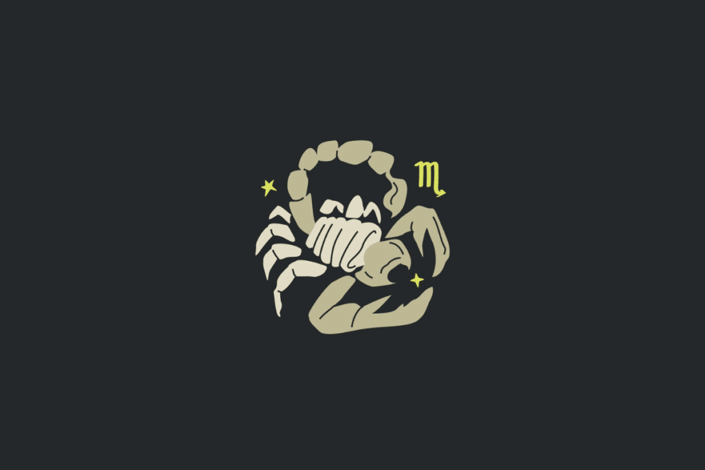Ilustração minimalista em tom bege sobre fundo cinza-escuro representando o signo de Escorpião, com um escorpião curvado, o símbolo semelhante a um "M" em amarelo e pequenas estrelas.