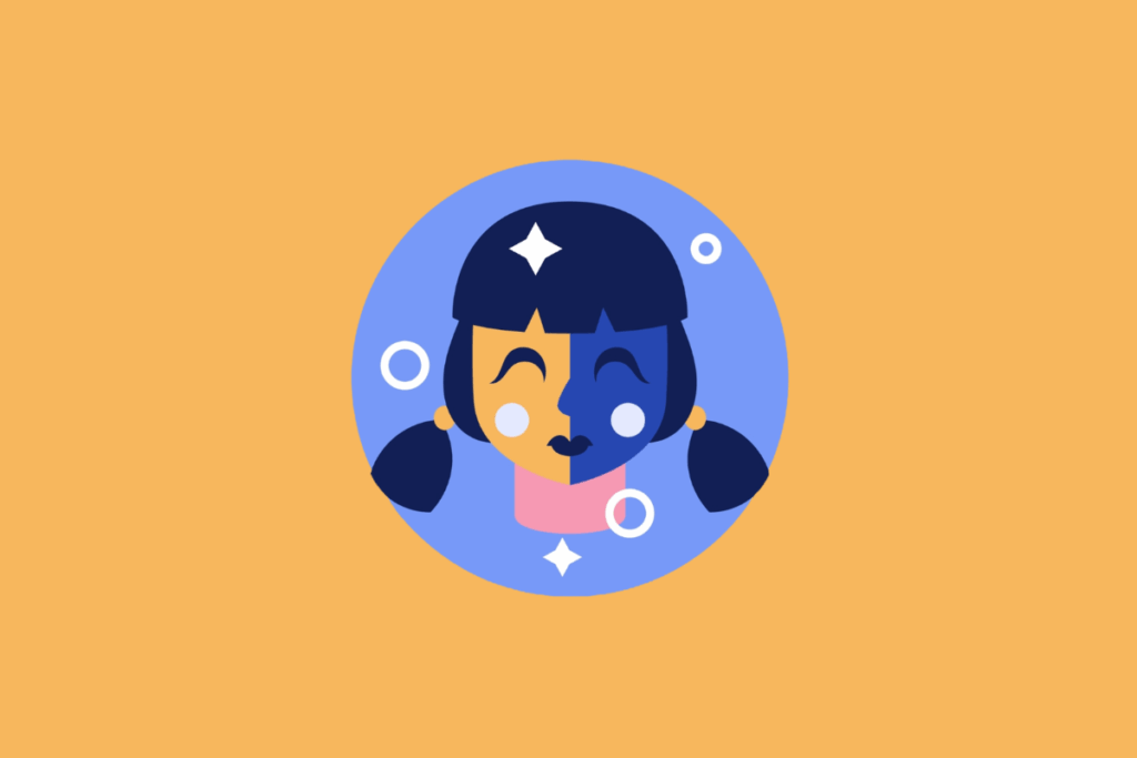 Ilustração vetorial em círculo azul representando o signo de Gêmeos. Mostra o rosto sorridente de uma menina de chiquinhas, dividido ao meio entre as cores laranja e azul-escuro. A imagem está centrada em um fundo laranja