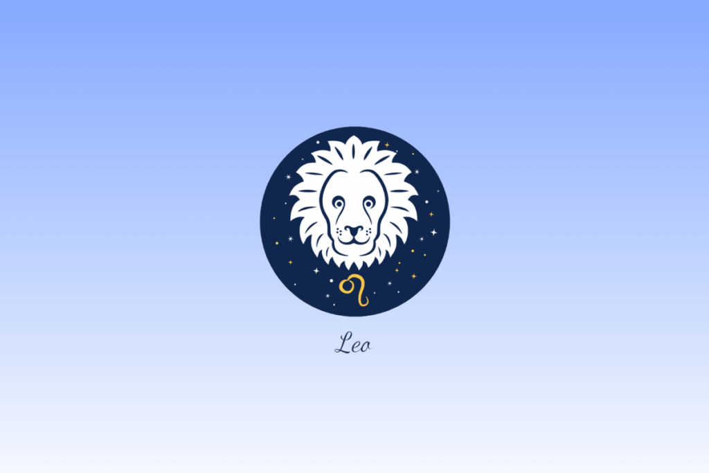 Ilustração do signo de Leão com a cabeça de um leão branco estilizado dentro de um círculo azul-escuro estrelado, acompanhado pelo símbolo em amarelo e o nome "Leo" escrito abaixo.