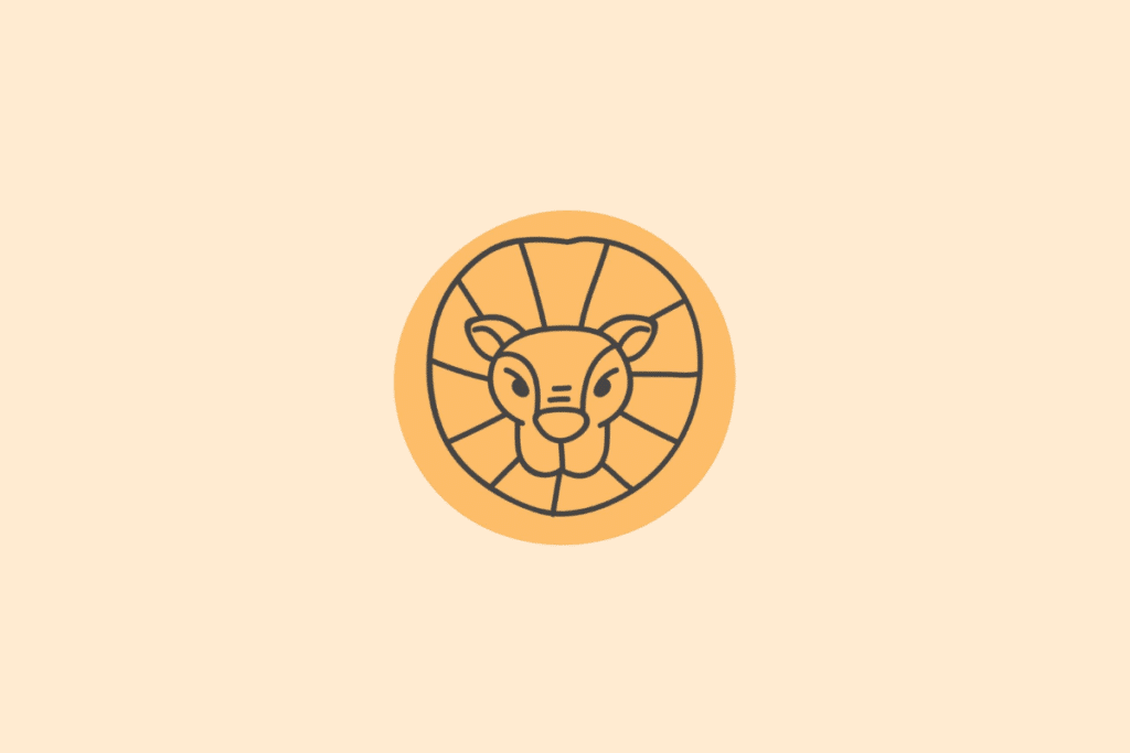 Ilustração minimalista em traços pretos sobre um círculo amarelo-alaranjado, exibindo a cabeça de um leão emoldurada por sua juba, representando o signo de Leão.