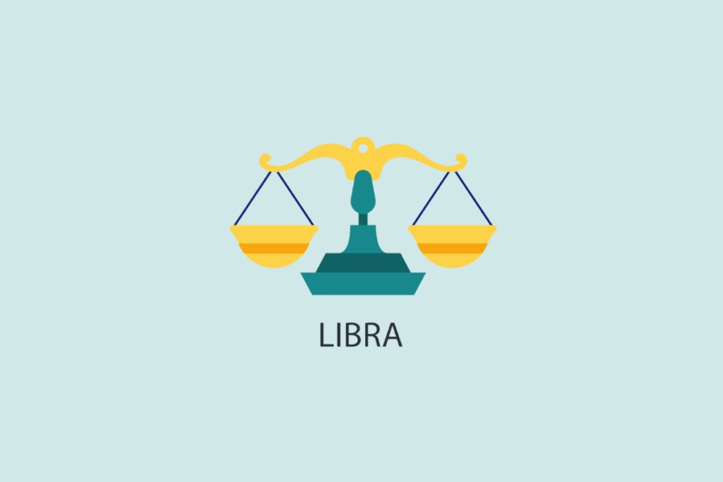 Ilustração vetorial em estilo plano de uma balança de dois pratos equilibrada em amarelo e azul, sobre um fundo azul-claro com a palavra "LIBRA" escrita abaixo.