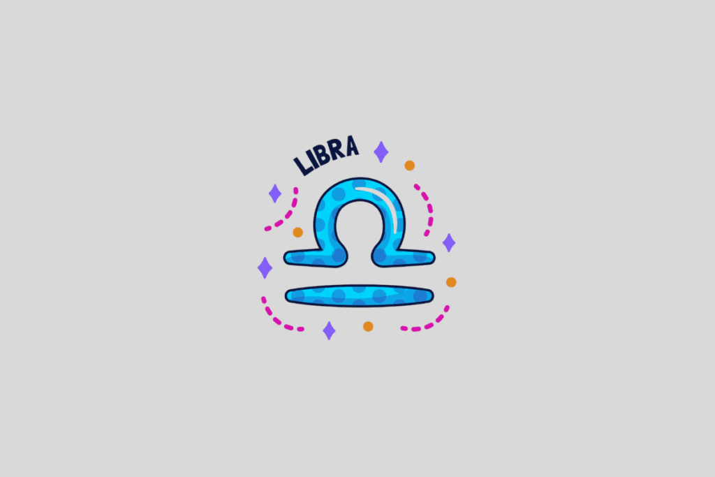 Símbolo astrológico de Libra, na cor azul com bolinhas, cercado por pequenas estrelas roxas e pontos cor-de-rosa. A palavra "LIBRA" está escrita acima em preto. O fundo da imagem é um cinza claro.